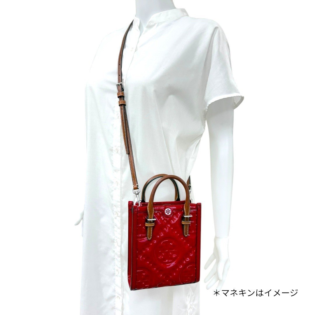 【美品】トリーバーチ 2WAY ミニ トート ハンドバッグ パテントレザー レッド ショルダーバッグ Tモノグラム レディース