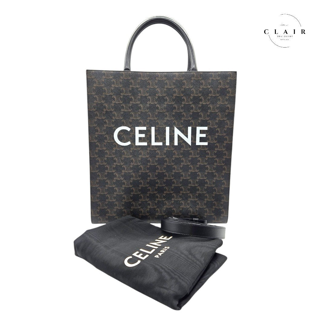 【美品】セリーヌ ミディアム バーティカル カバ ロゴプリント入り トリオンフキャンバス トートバッグ ハンドバッグ 2WAYバック