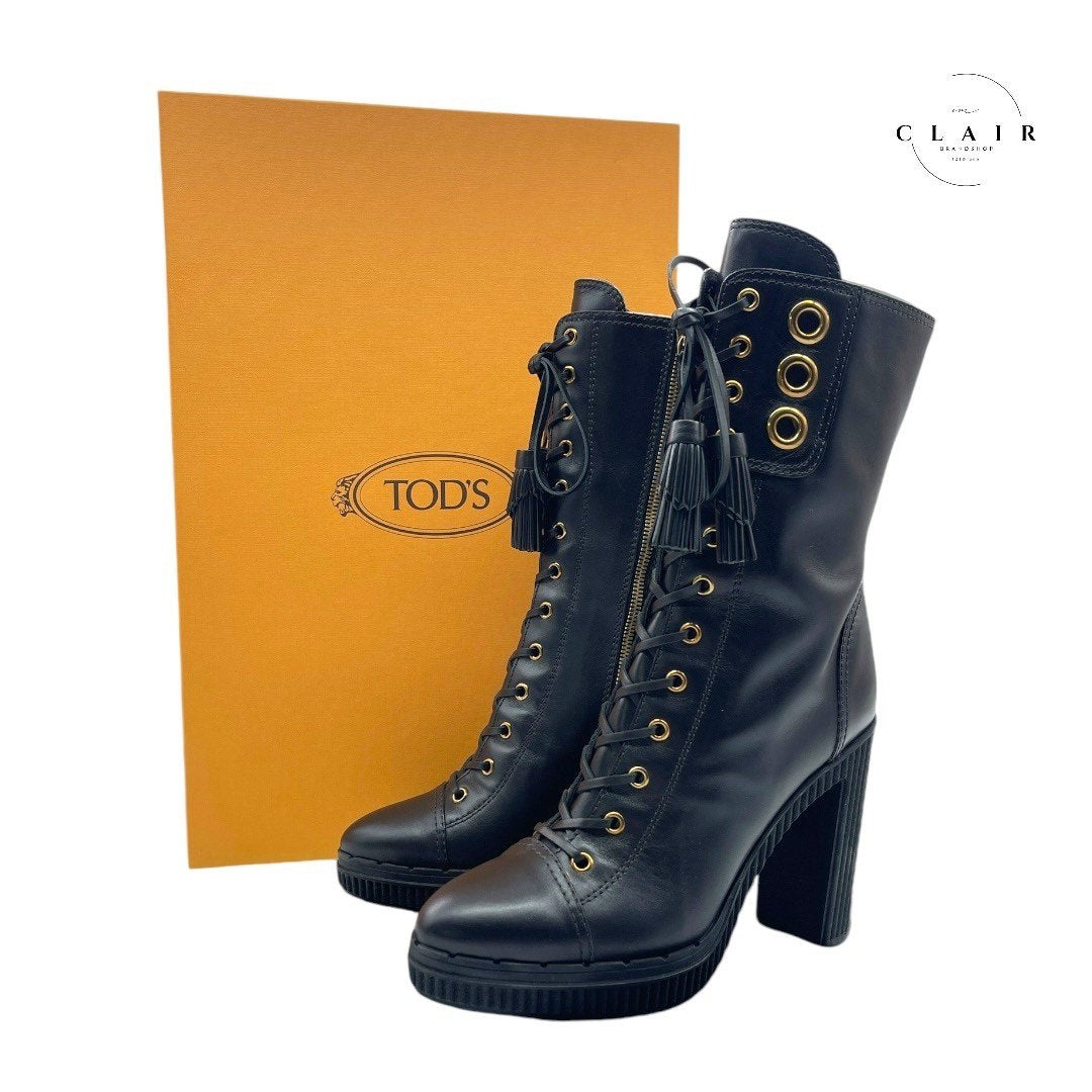 トッズ 編み上げブーツ レザー 本革 黒 ブラック ショートブーツ