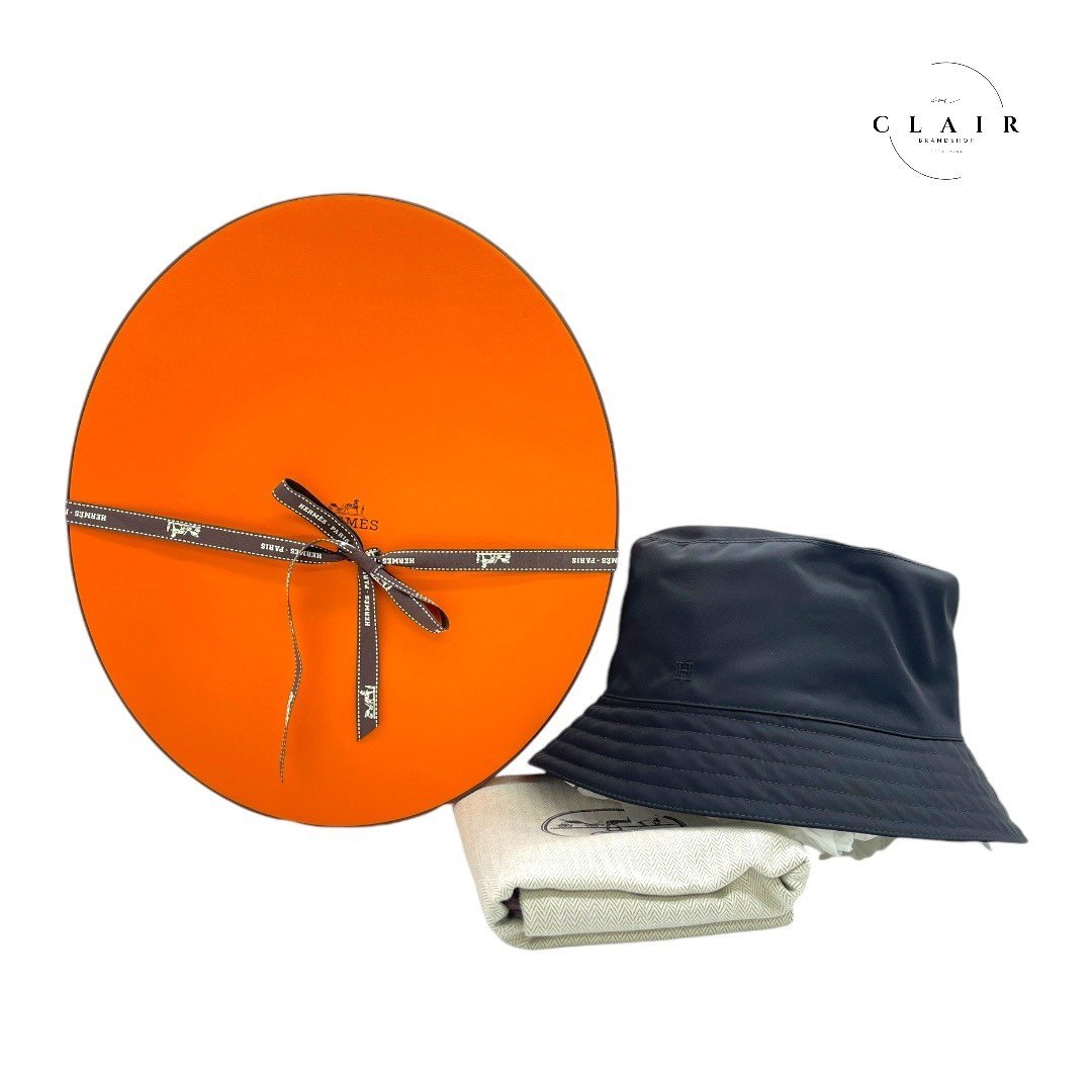 エルメス バケット ハット つば付き 帽子 Hロゴ ナイロン 黒 #57