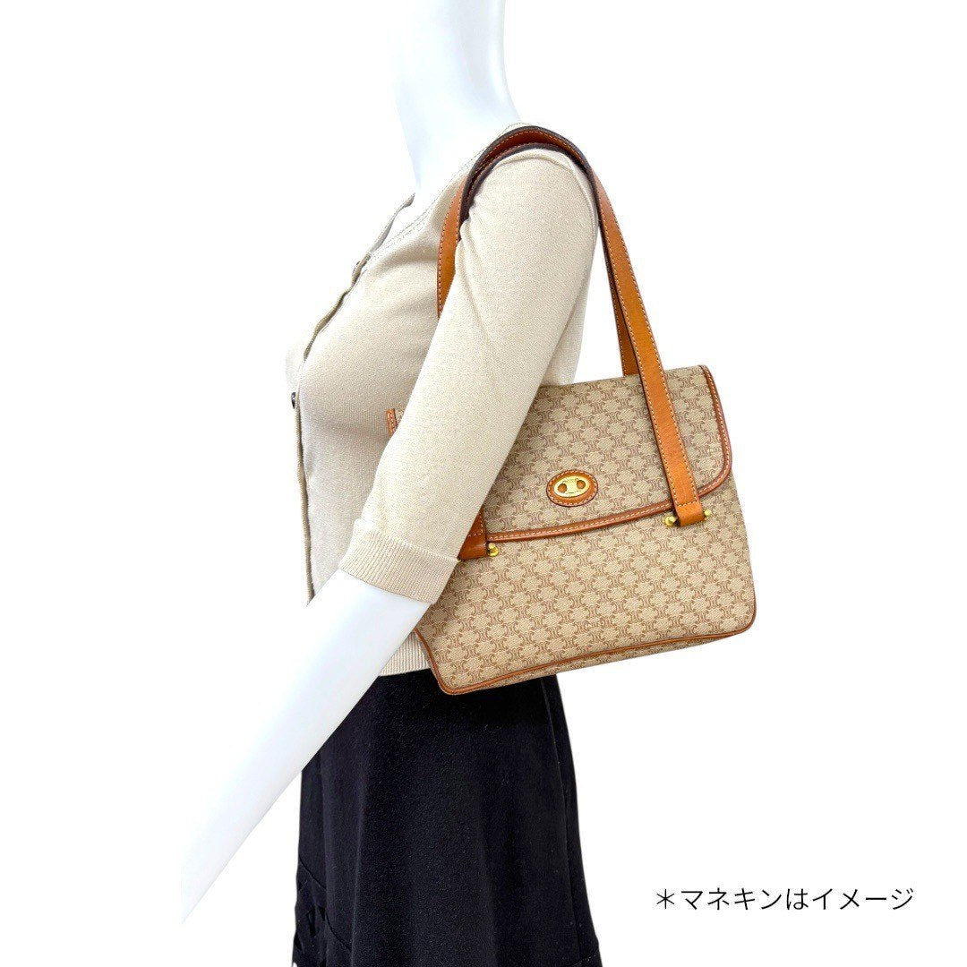 セリーヌ マカダム バック ショルダー PVC×レザー 茶 ゴールド金具 レディース