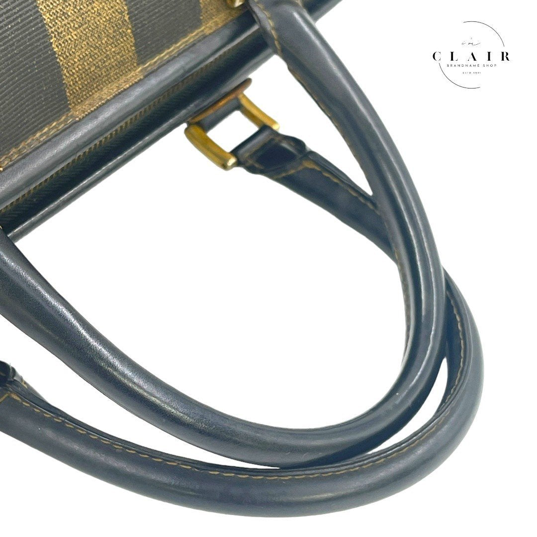 フェンディ ペカン ボストン ハンドバッグ PVC カーキ ストライプ