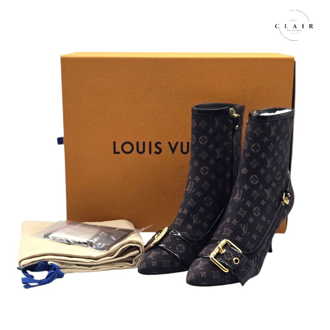 【美品】ルイヴィトン モノグラム ミニアンクルブーツ ベルトミクロブーツ ベルト アンクルブーツ ブラウン 茶 23cm