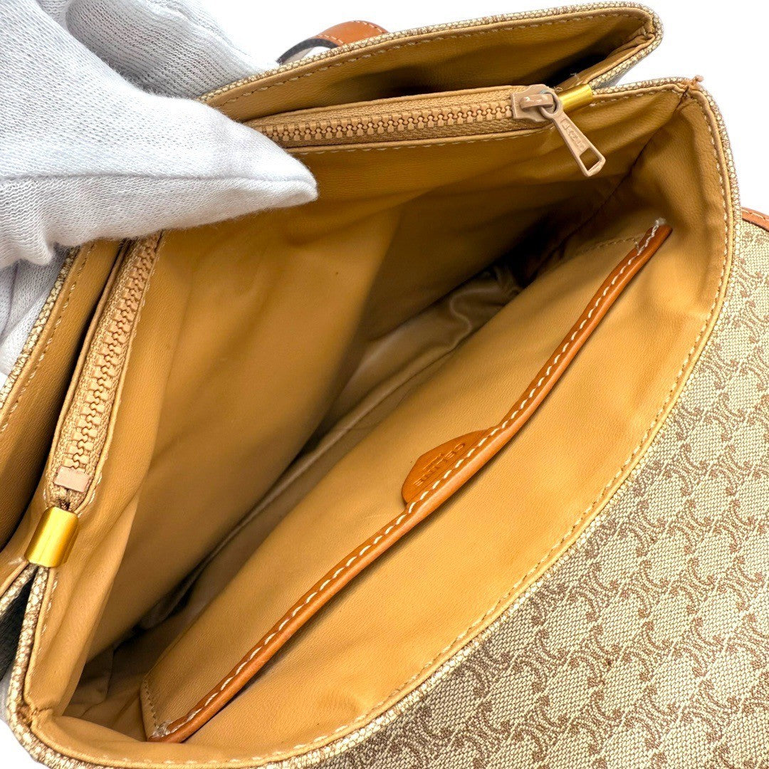 セリーヌ  マカダム バック ショルダー PVC×レザー 茶 ゴールド金具 レディース