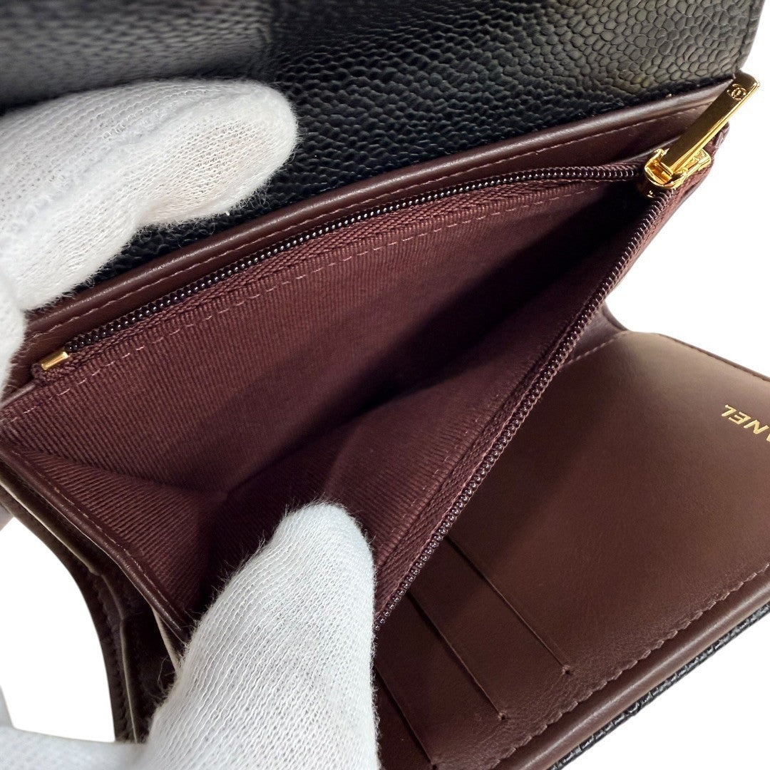 シャネル マトラッセ ミディアム クラシック フラップ ウォレット 三つ折り財布 キャビアスキン ブラック ゴールド金具