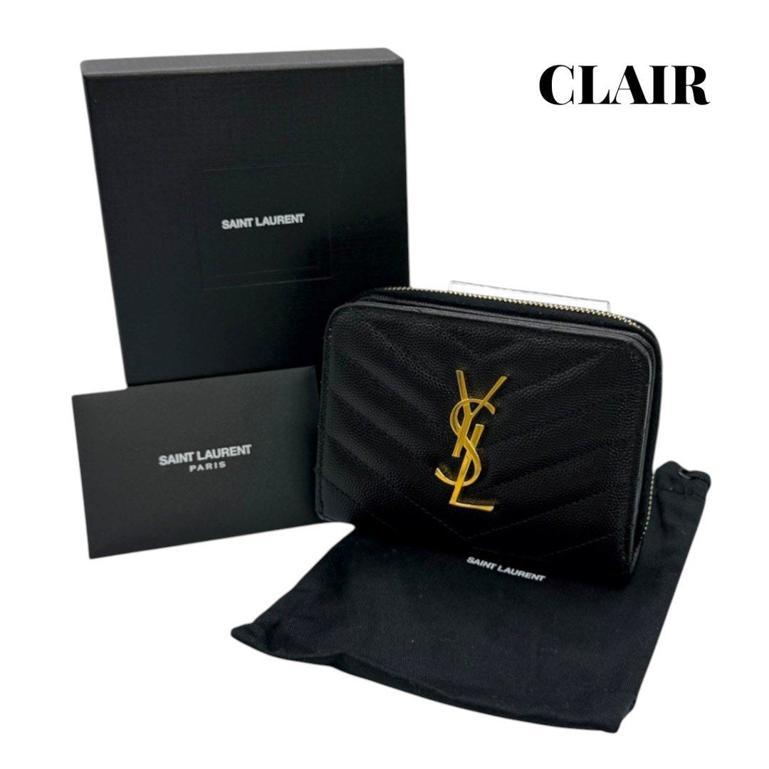 サンローランパリ 財布 YSL キャビアスキン ブラック 黒 レディース コンパクト財布