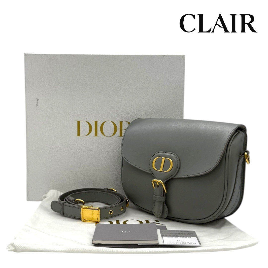 クリスチャンディオール ボビー ミディアム ショルダーバッグ 斜め掛けバッグ ボックスカーフ グレー ゴールド金具 レディース