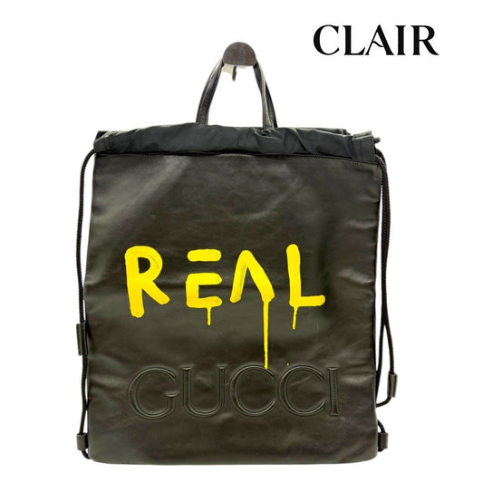 グッチ ゴースト ドローストリング バックパック リュックサック ペイント レザー ブラック 黒 イエロー 黄色 レディース メンズ ユニセックス