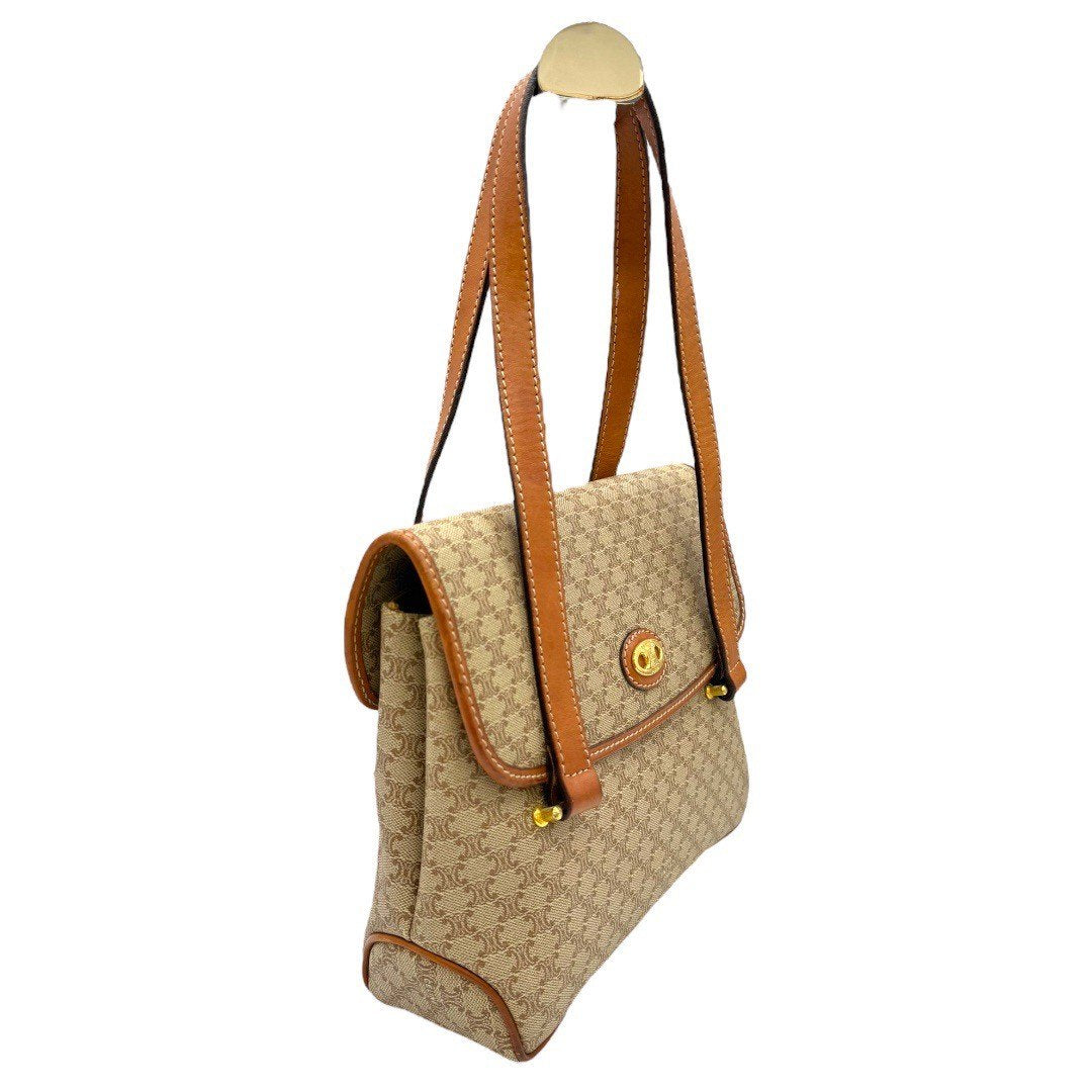 セリーヌ  マカダム バック ショルダー PVC×レザー 茶 ゴールド金具 レディース