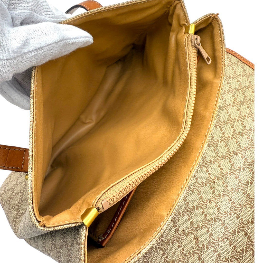 セリーヌ  マカダム バック ショルダー PVC×レザー 茶 ゴールド金具 レディース