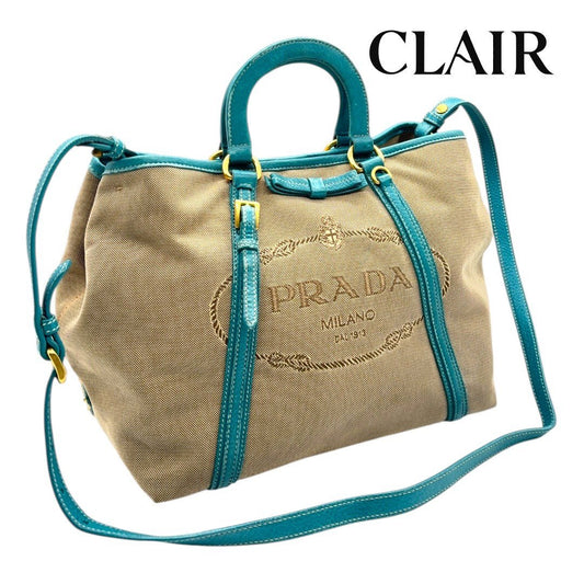 プラダ 2WAY キャンバス トートバッグ レディース ハンドバッグ ショルダーバッグ ベージュ ターコイズブルー