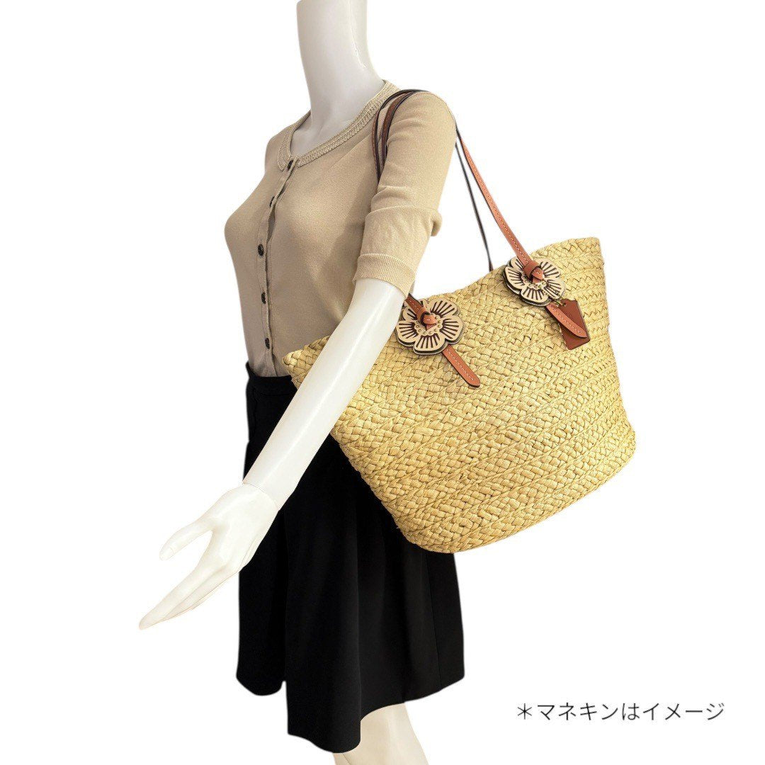 【極美品】 コーチ ストロー トートバッグ ショルダーバッグ ベージュ レディース