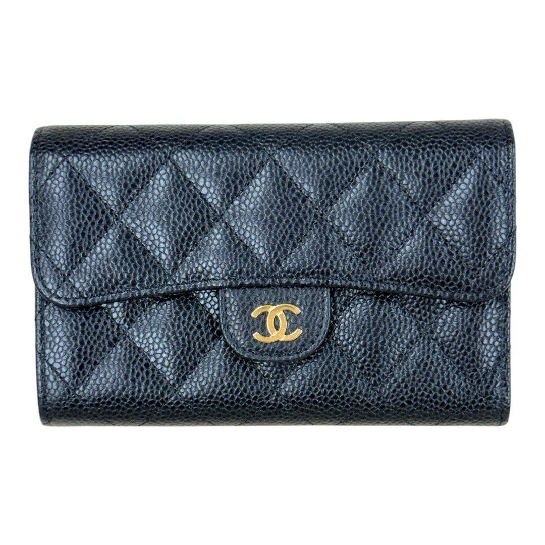 シャネル マトラッセ ミディアム クラシック フラップ ウォレット 三つ折り財布 キャビアスキン ブラック ゴールド金具