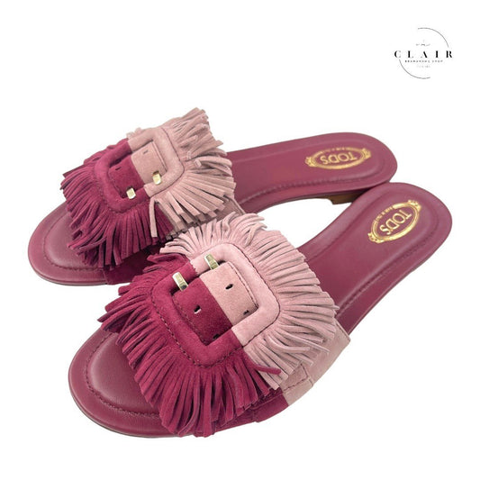 【新古品】トッズ スエード フリンジ レディース ミュール サンダル 26.5cm ピンク