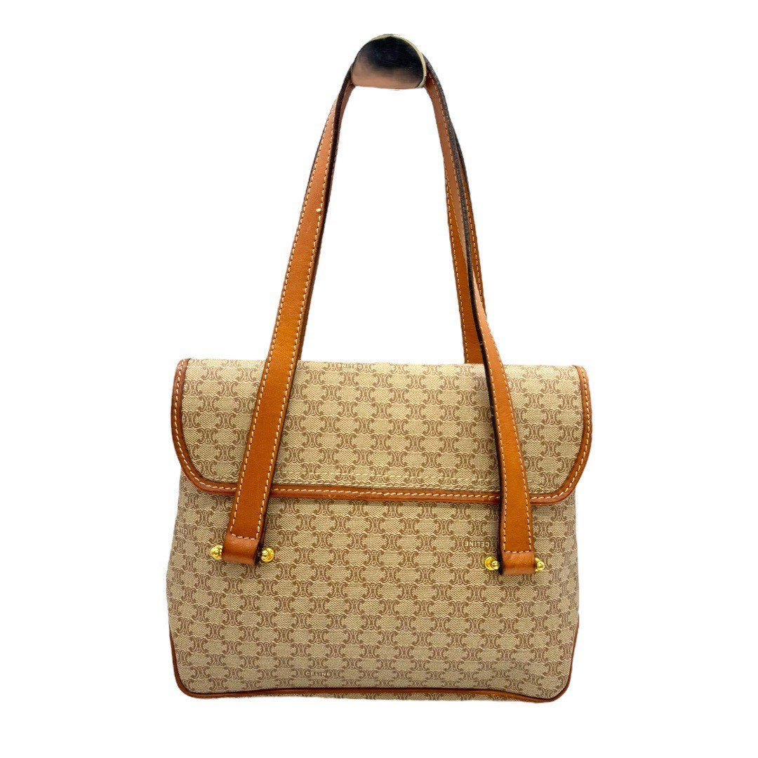 セリーヌ  マカダム バック ショルダー PVC×レザー 茶 ゴールド金具 レディース