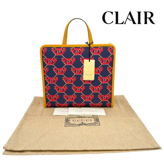 【新古品】グッチ チルドレン レザー ハンドバッグ トートバッグ 紺×黄色 レディース