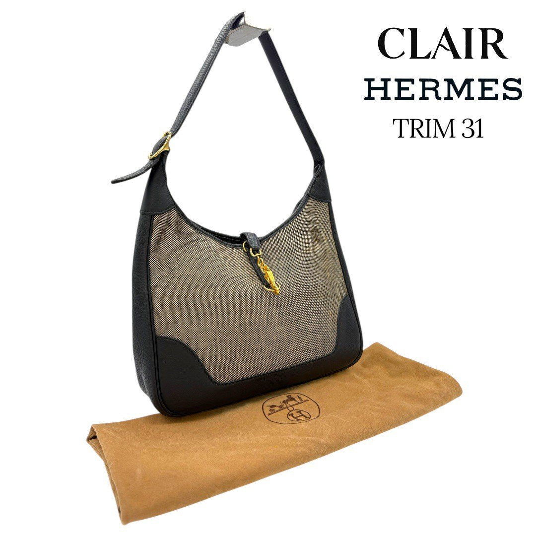 エルメス トリム31 ブラックレザー トワルアッシュ ゴールド金具 キャンバス